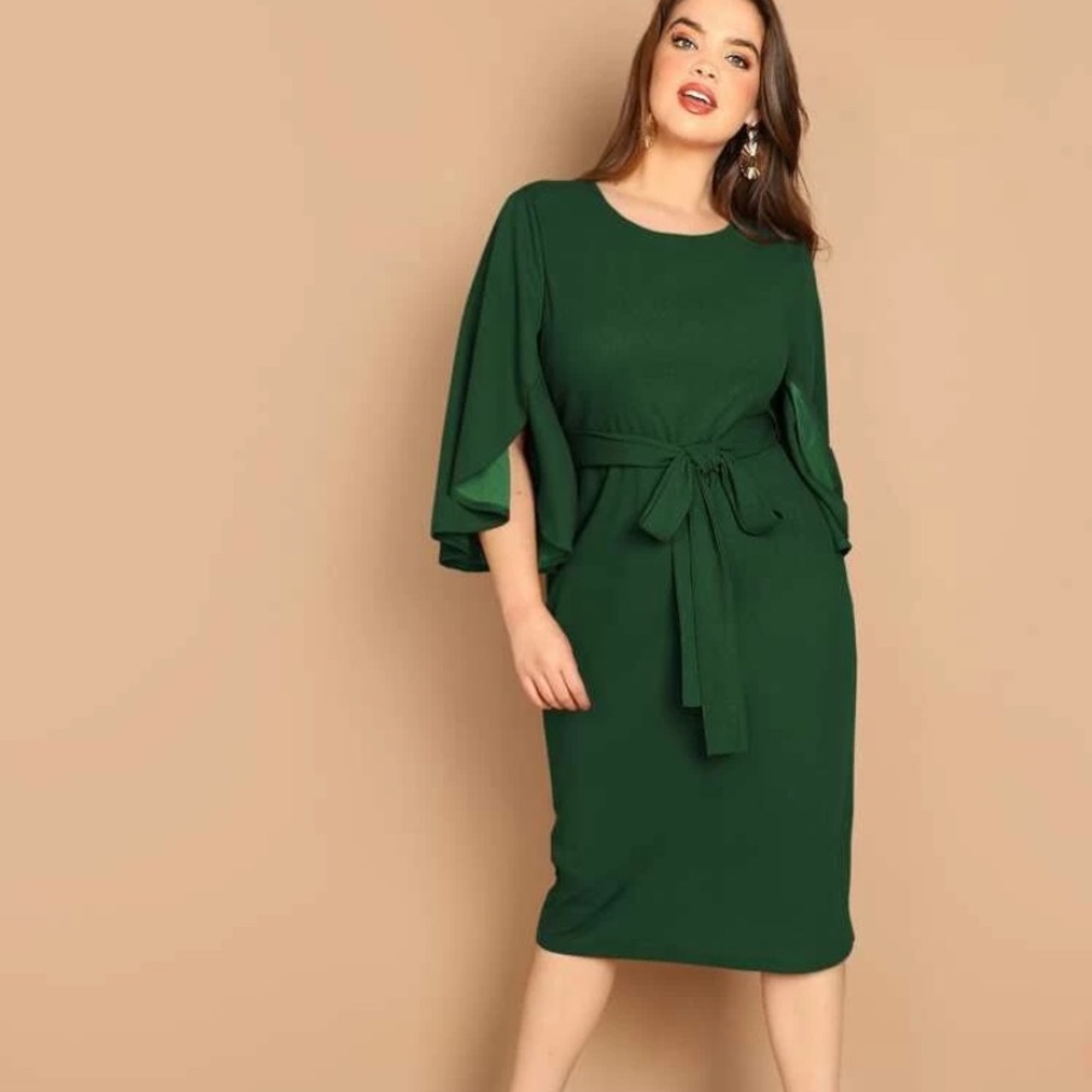 Dark green caped pencil sheath dress